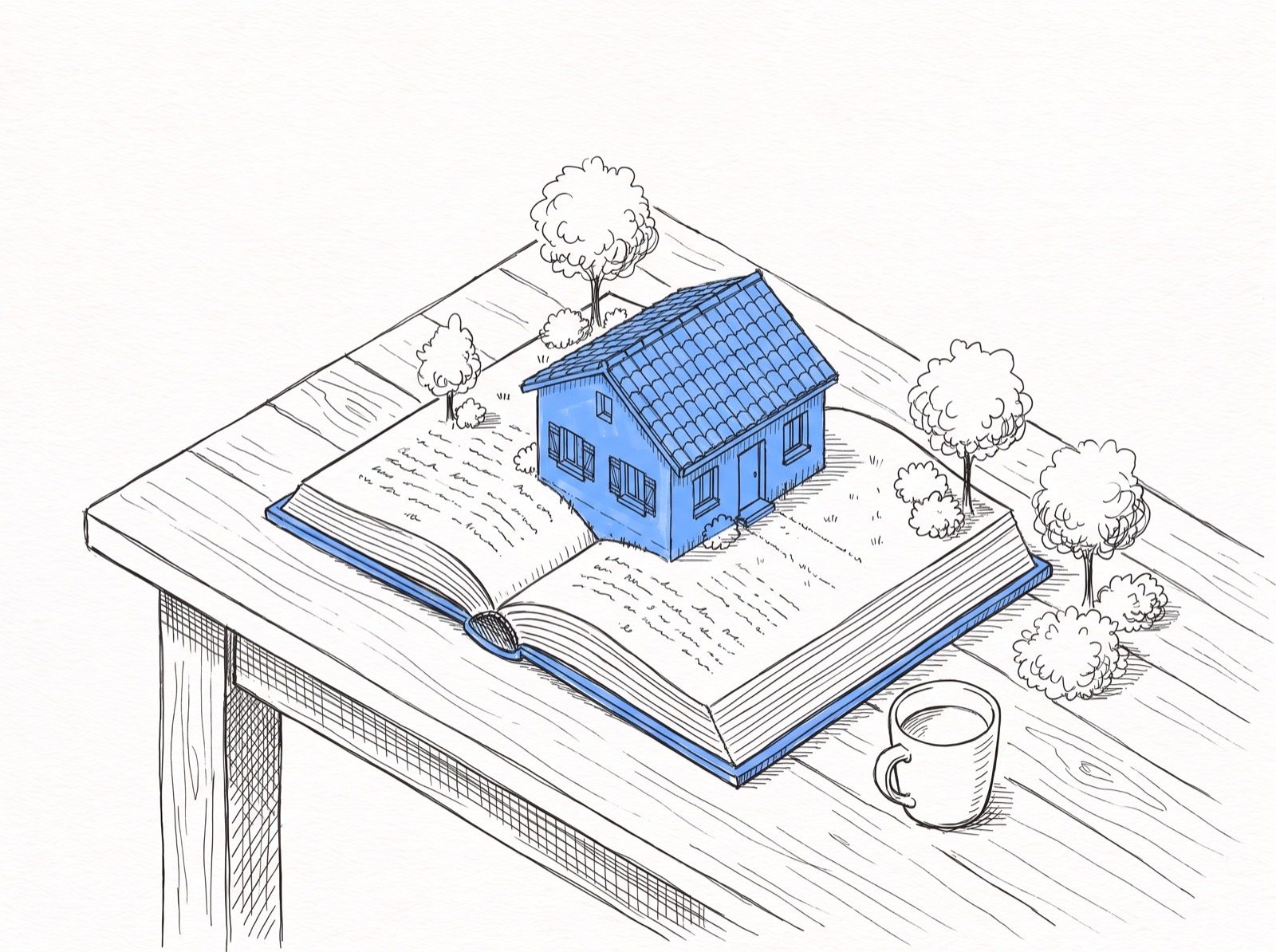 Dessin d’un livre ouvert d’où sort une maison